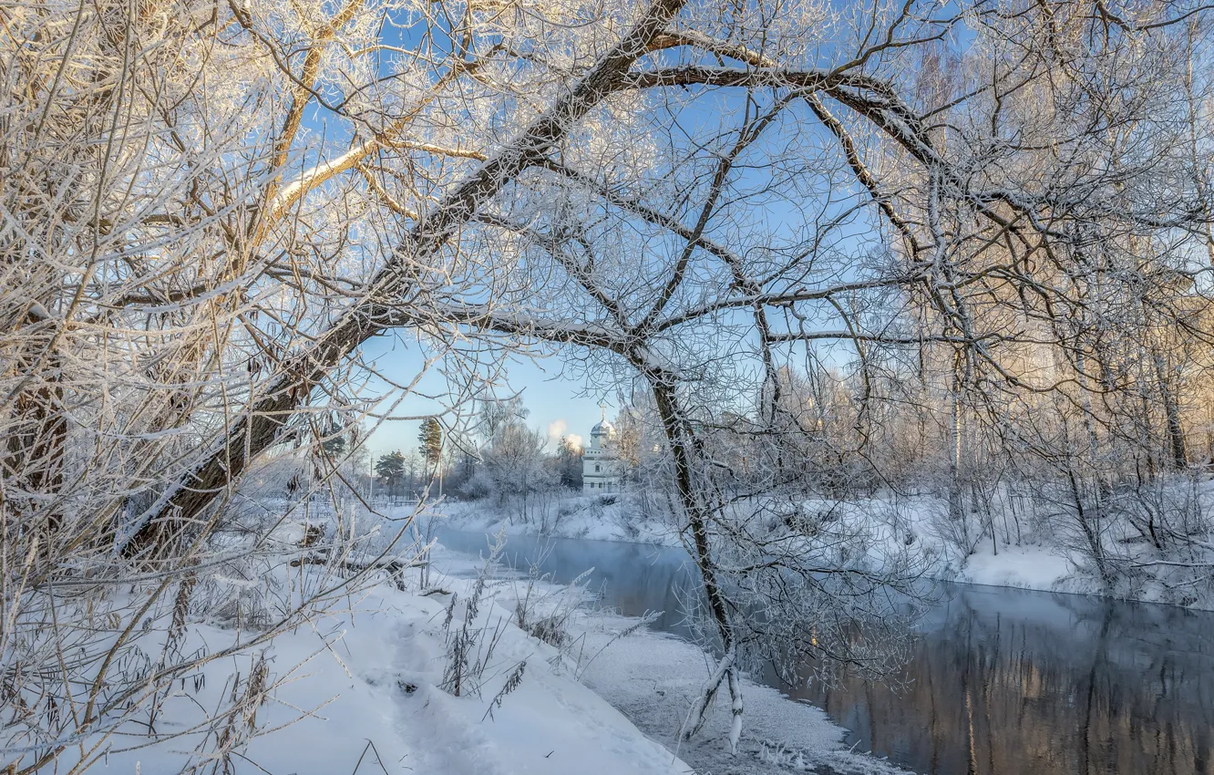 Фото обои зима, снег, деревья, пейзаж, природа, река, храм, Елена Гусева