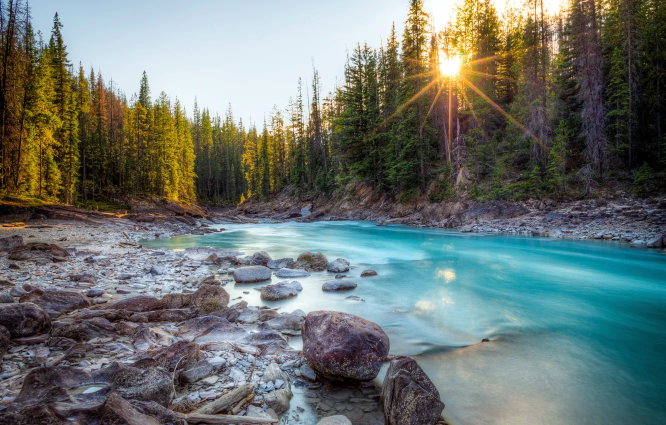Фото обои Природа, Озеро, Река, Лес, Камни, Канада, Камень, Лучи