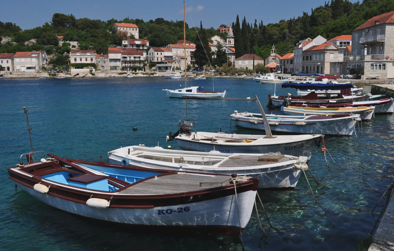 Фото обои море, город, пристань, лодки, набережная, Хорватия, Korčula, Račišće