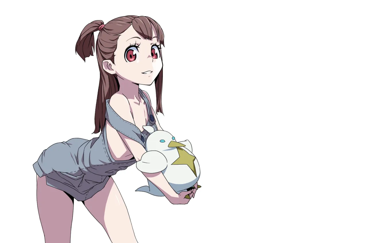 Фото обои red eyes, ponytail, Plush Toy, simple background, schoolgirl, looking at viewer, Little Witch Academia, Kagari …