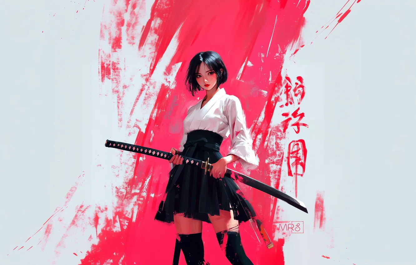 Фото обои girl, sword, fantasy, katana, samurai, digital art, artwork, warrior