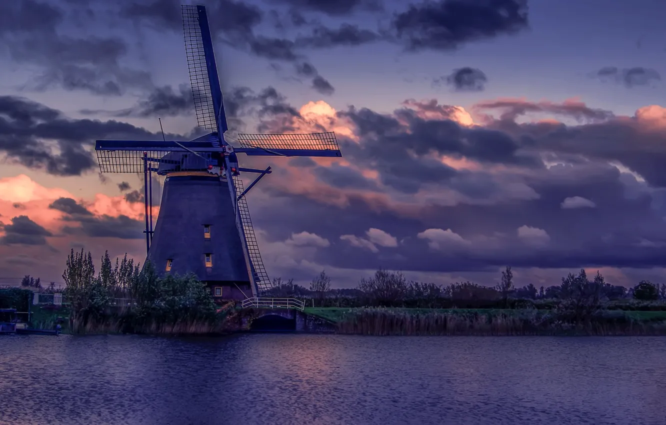 Фото обои облака, пейзаж, природа, река, вечер, мельница, Нидерланды, Голландия