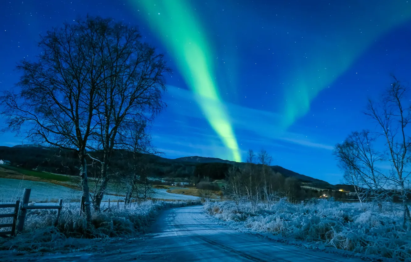Фото обои зима, дорога, небо, деревья, северное сияние, Норвегия, Norway, Troms
