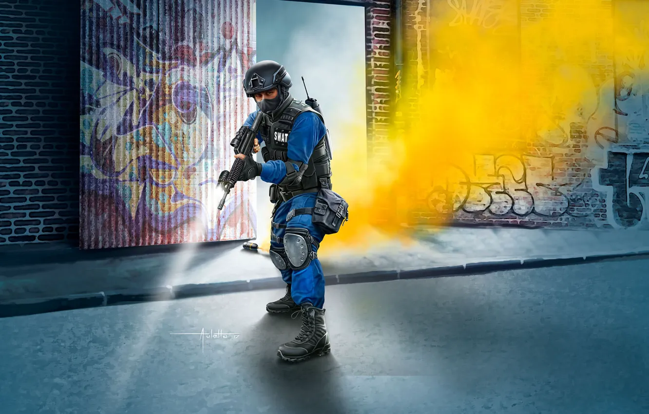 Фото обои USA, SWAT, painting, Officer, M4, тактический бронежилет