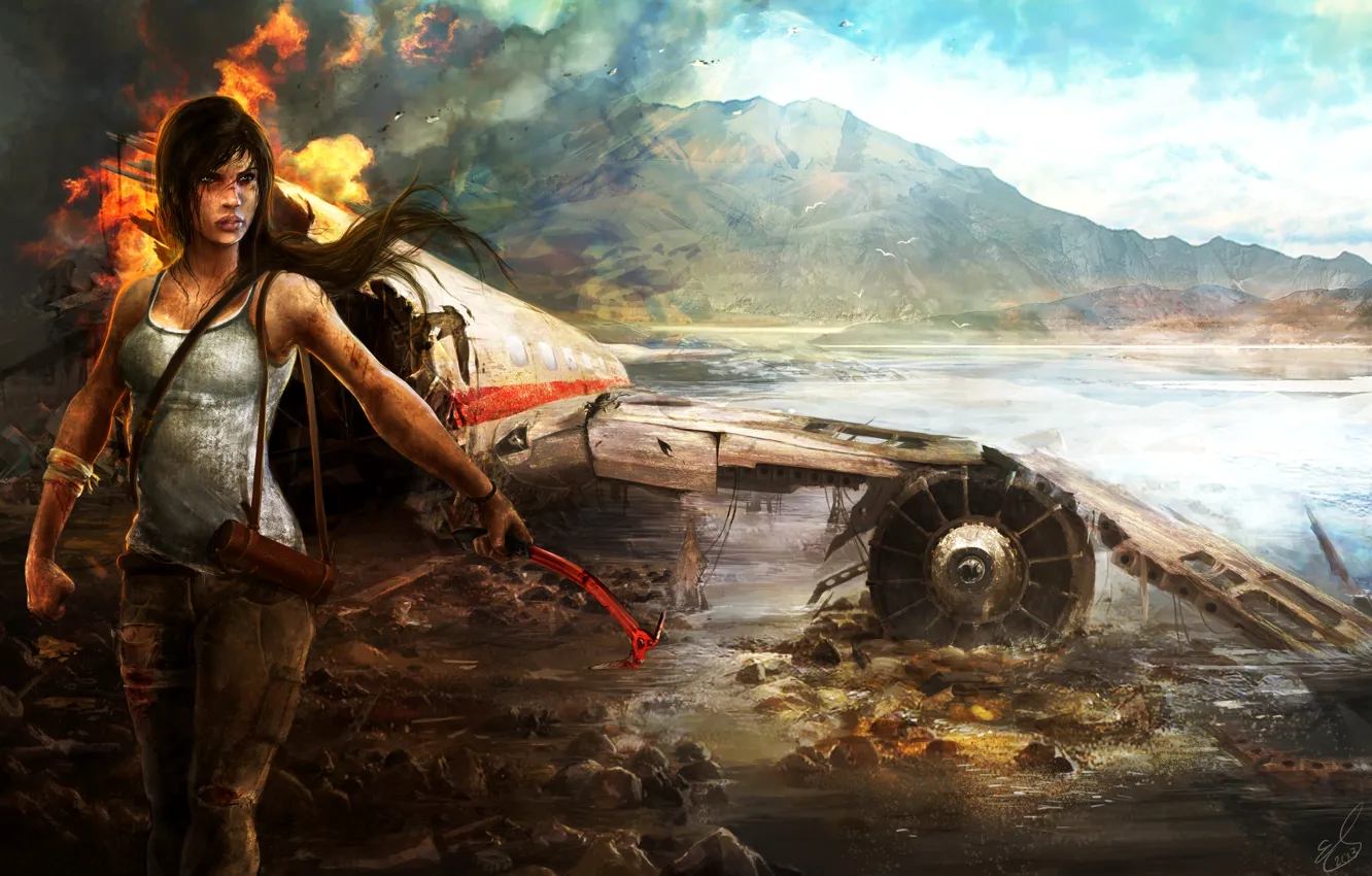 Фото обои авария, девушка, горы, самолет, пожар, остров, Tomb Raider, Расхитительница гробниц