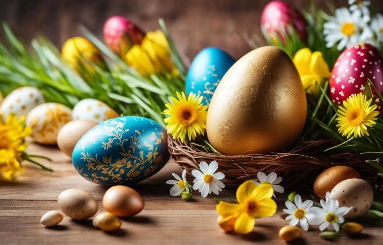 Фото обои цветы, яйца, весна, colorful, Пасха, flowers, spring, Easter