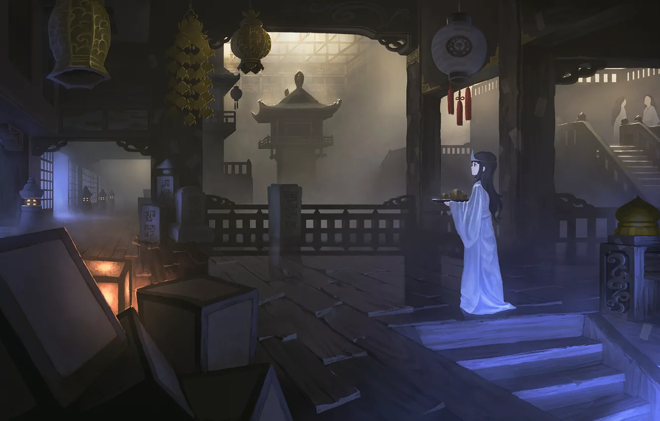 Фото обои ночь, аниме, арт, девочка, храм, nauimusuka
