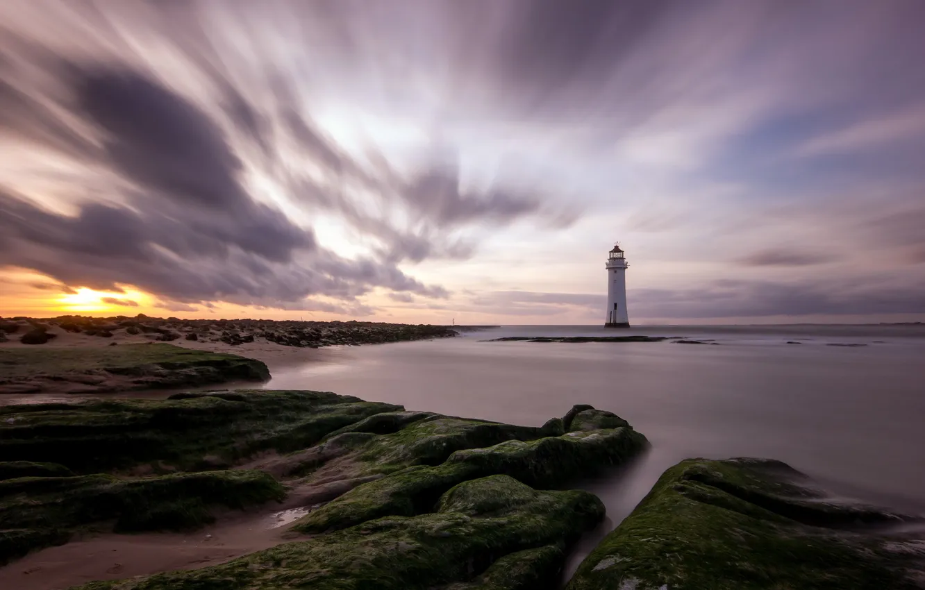 Фото обои beach, rocks, Perch Rock lighthouse, longexposure