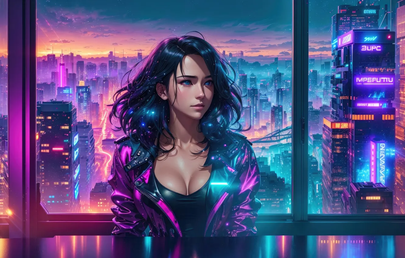 Фото обои neon, cyberpunk, artist, digital art, artwork, scifi, ai girls