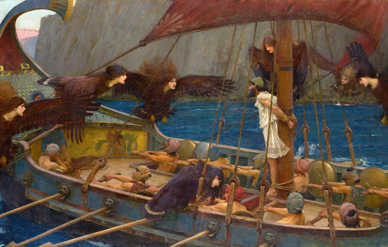 Фото обои Корабль, Картина, Мужчины, John William Waterhouse, Джон Уильям Уотерхаус, Улисс и сирены, Английский художник, Сирены