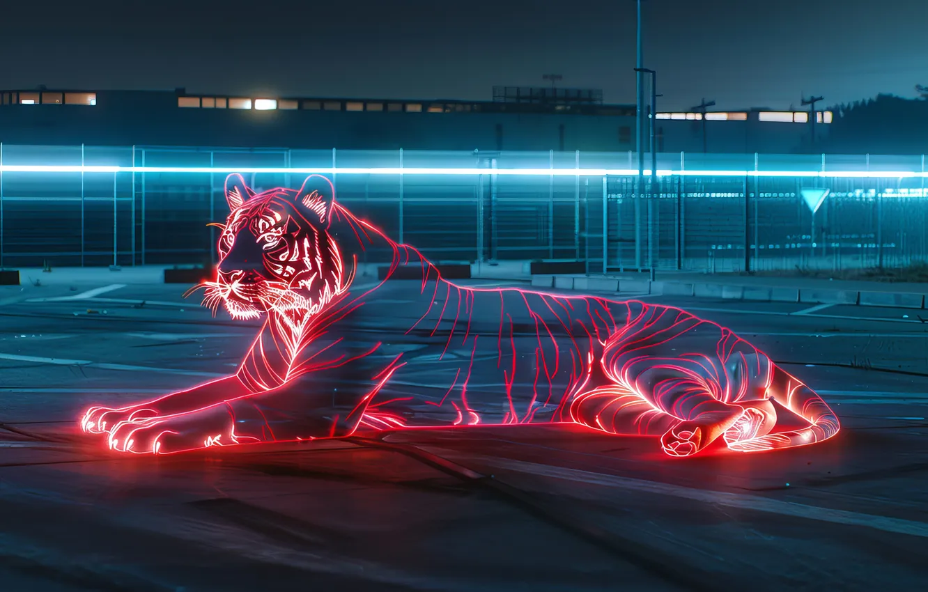 Фото обои tiger, neon, hologram