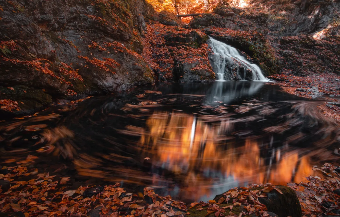 Фото обои осень, свет, отражение, камни, скалы, берег, листва, водопад