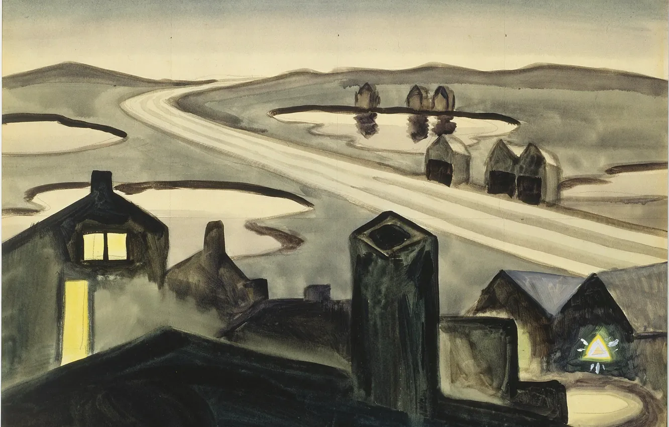 Фото обои 1920, Charles Ephraim Burchfield, Railroad at Night