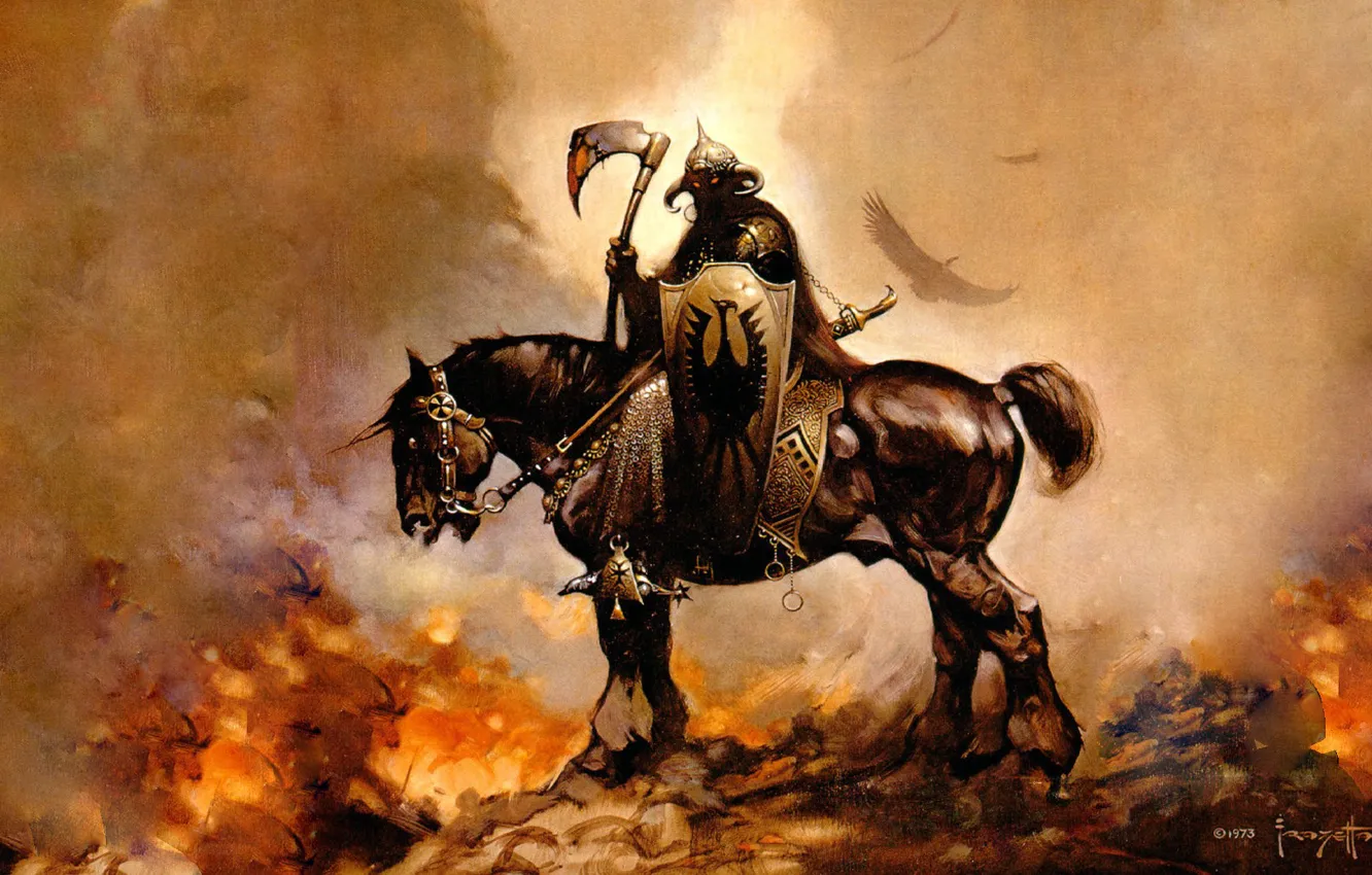Фото обои огонь, лошадь, рисунок, фэнтези, всадник, фразетта