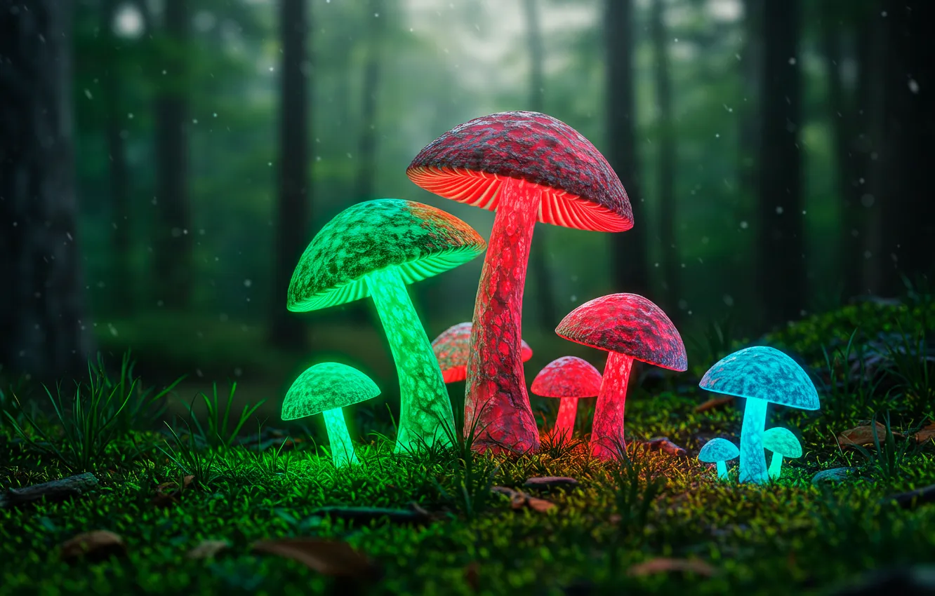 Фото обои лес, грибы, цвет, мох, colors, арт, forest, art
