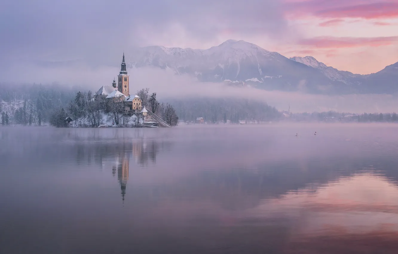 Фото обои зима, горы, озеро, отражение, остров, утро, Словения, Lake Bled