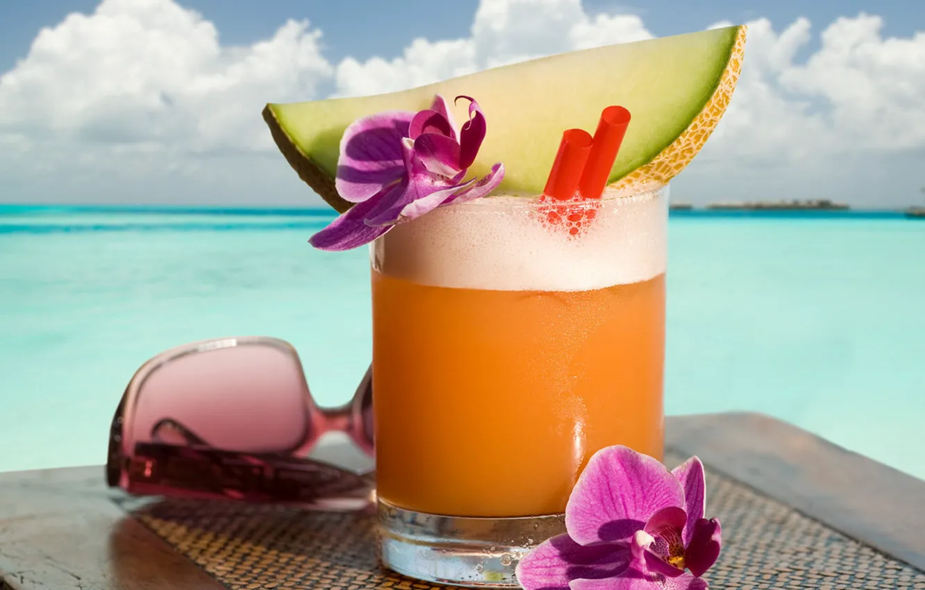 Фото обои пляж, лето, фрукты, напитки