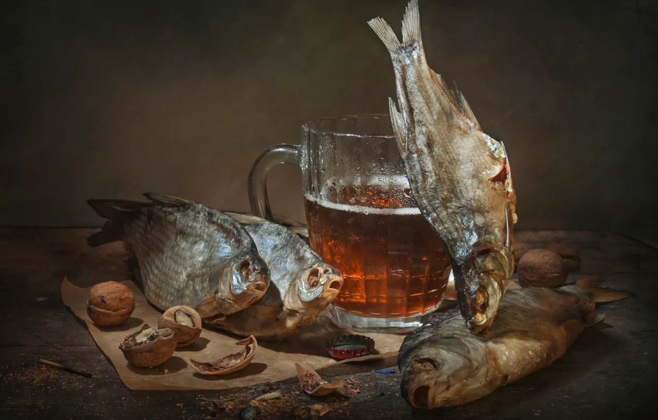 Фото обои бокал, пиво, орехи, натюрморт, сушёная рыба, таранка, Владимир Володин, таранька