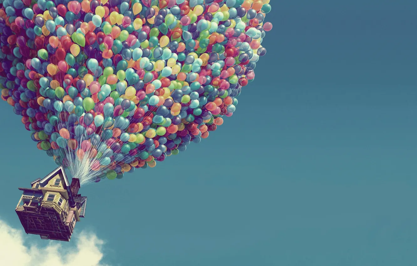 Фото обои шарики, дом, воздушные шары, вверх