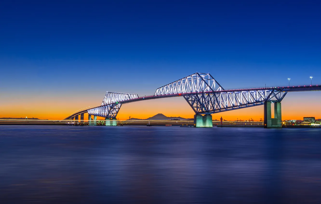 Фото обои закат, Япония, Токио, голубое небо, Tokyo Gate Bridge