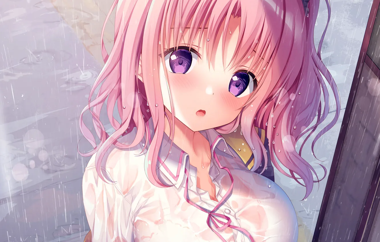 Фото обои girl, sexy, rain, pink hair, long hair, boobs, anime, beautiful