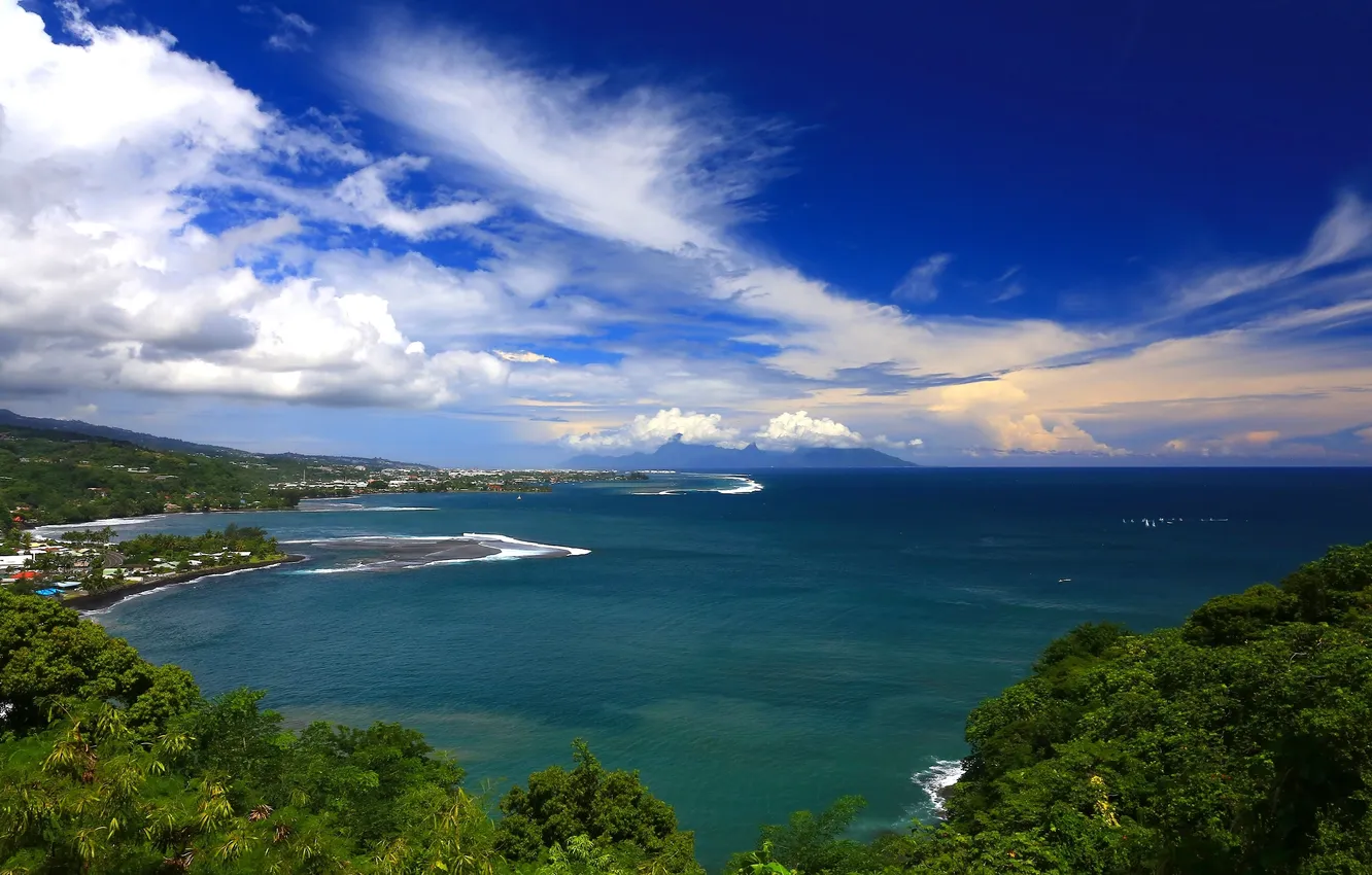 Фото обои океан, побережье, Pacific Ocean, Tahiti, водная гладь, Таити, French Polynesia, Тихий океан