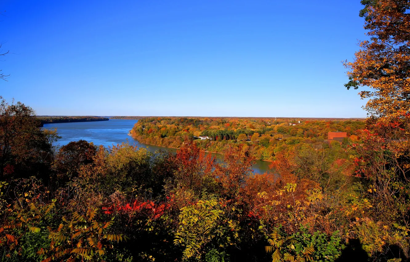 Фото обои осень, лес, небо, деревья, краски, Канада, река Ниагара