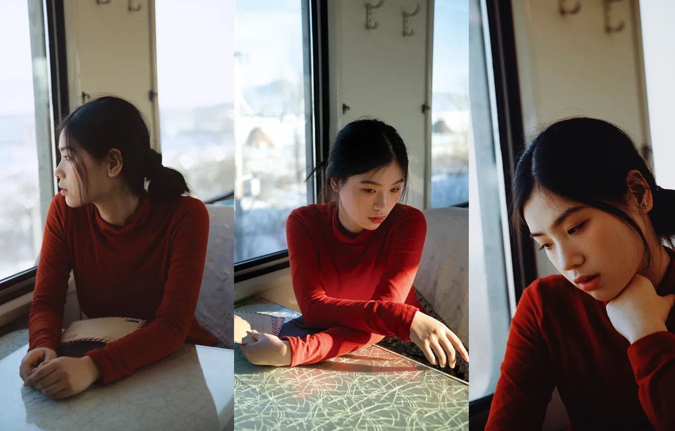 Фото обои Beautiful, Asian, Model, Glass, Train, Table, Woman, Cute