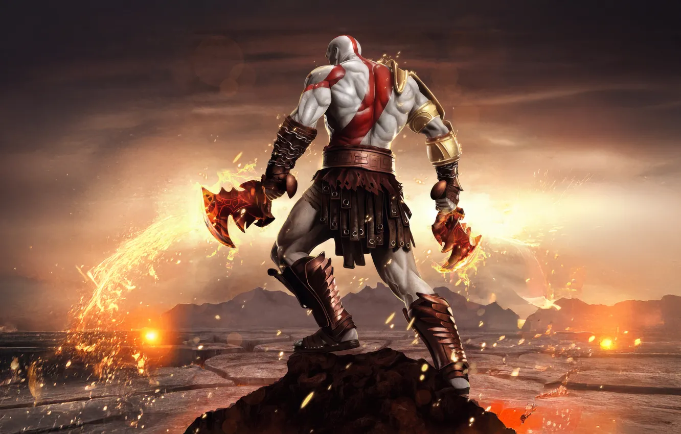 Фото обои god of war, weapon, kratos, sony, snow, blow, man, boy