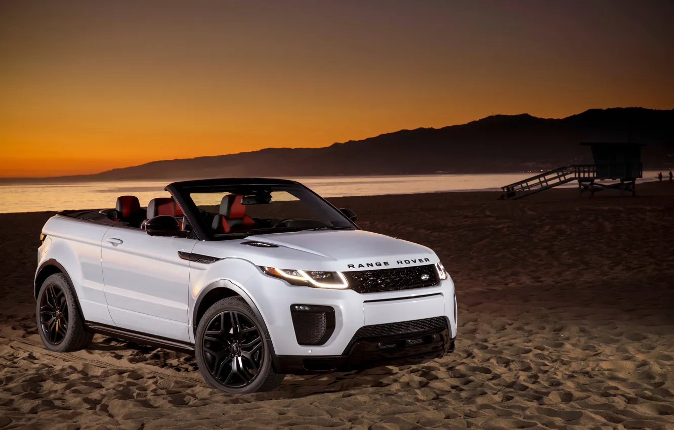 Фото обои песок, пляж, Land Rover, Range Rover, кабриолет, Evoque, эвок, ленд ровер