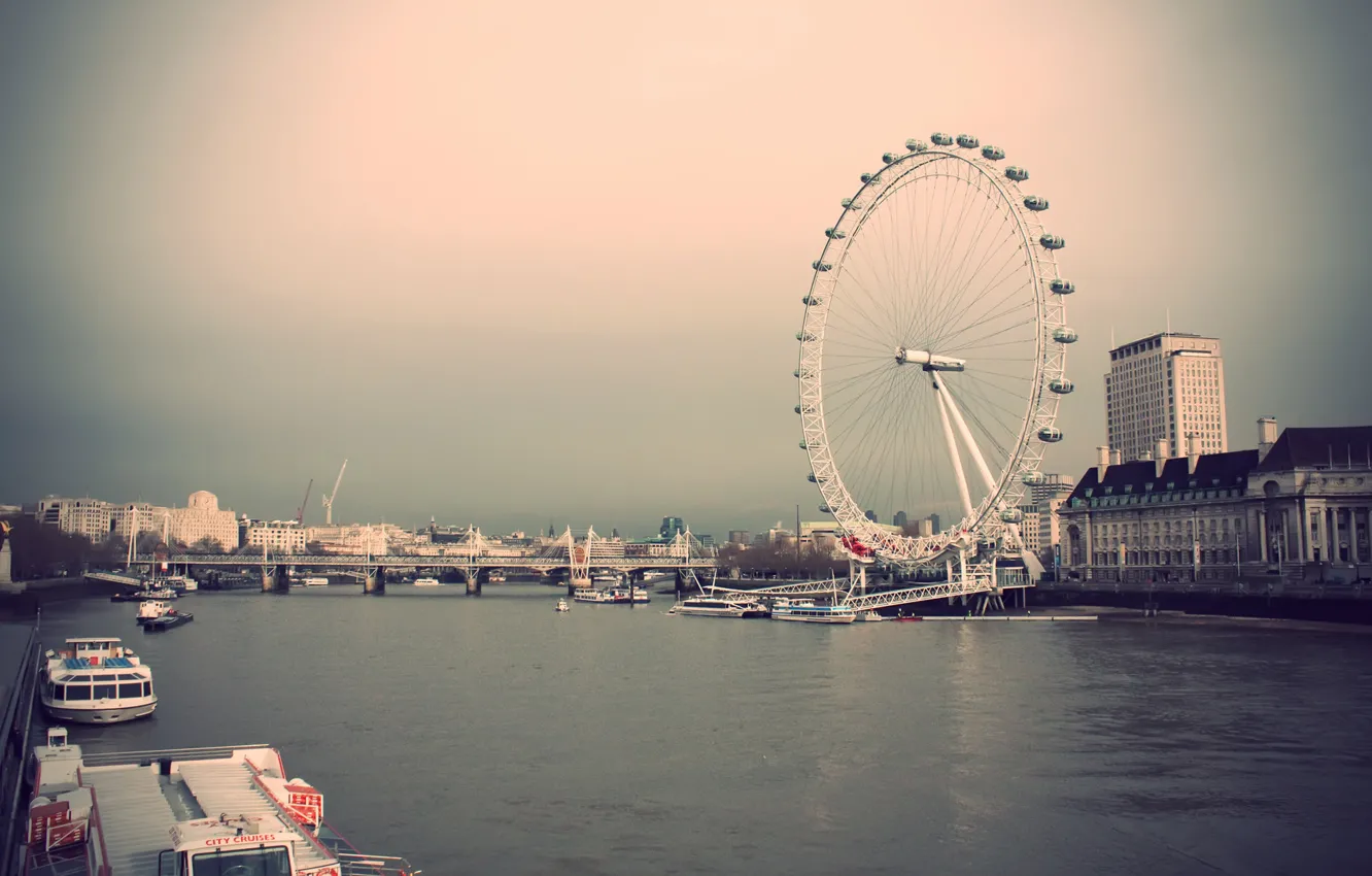 Фото обои небо, город, река, здания, дома, лондон, колесо обозрения, великобритания