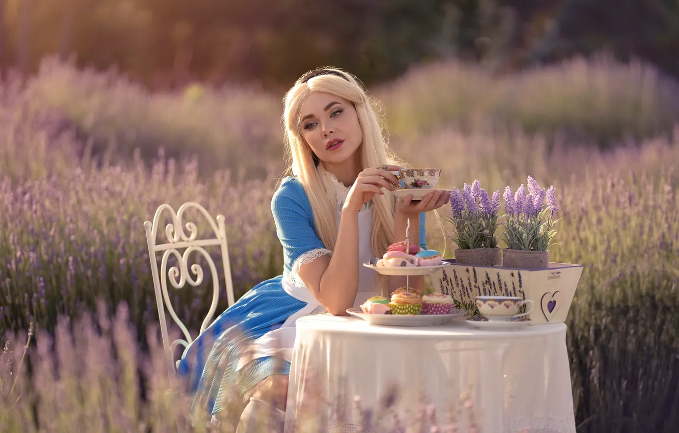 Фото обои девушка, цветы, сказка, Алиса, образ, пирожные