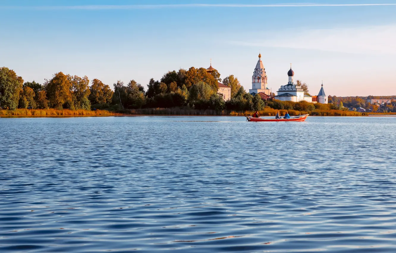 Фото обои пейзаж, природа, озеро, лодка, остров, Свято-Троицкий Островоезерский монастырь, Тосканка