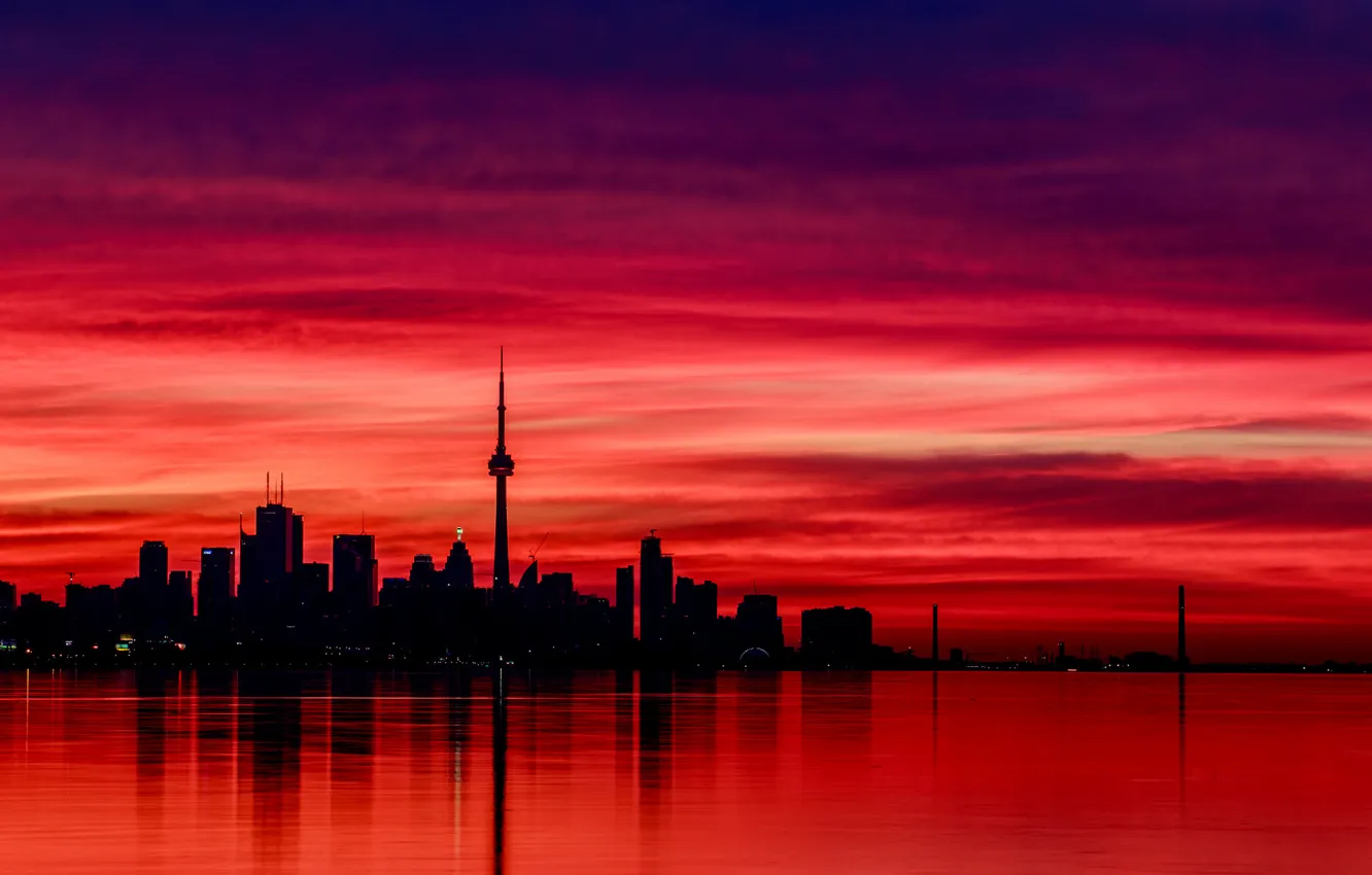 Фото обои отражение, вечер, Канада, Canada, evening, Toronto, reflection, красное небо