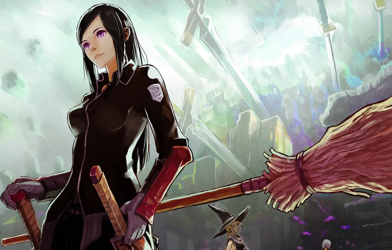 Фото обои девушка, оружие, катана, шляпа, аниме, арт, метла, okuto