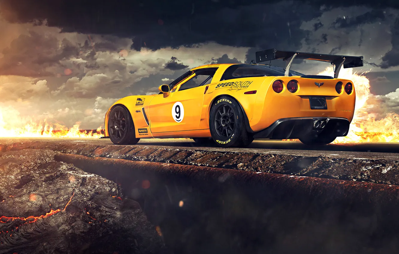 Фото обои Corvette, Chevrolet, Clouds, Fire, Rock, Yellow, Tuning, Road