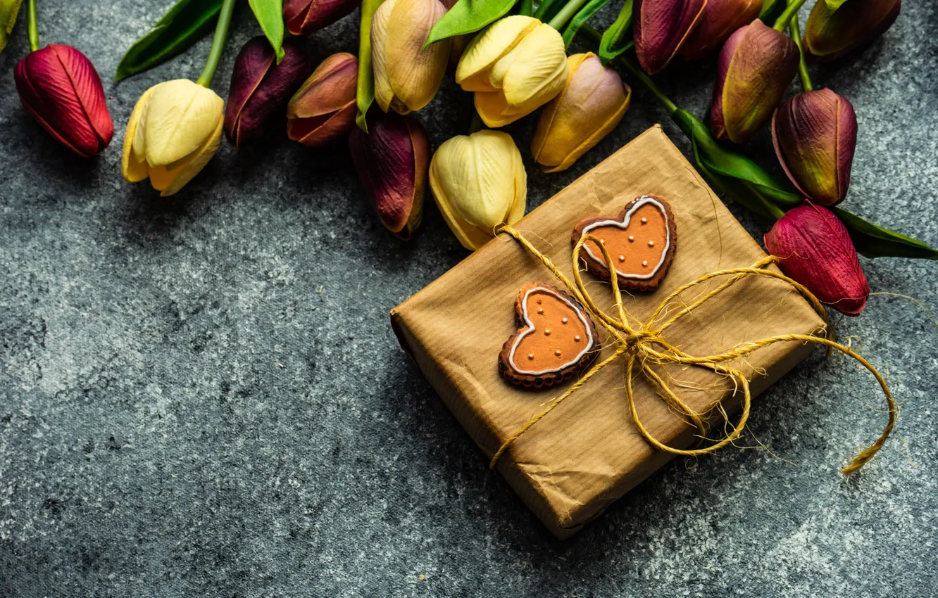 Фото обои цветы, подарок, букет, печенье, тюльпаны, день святого валентина