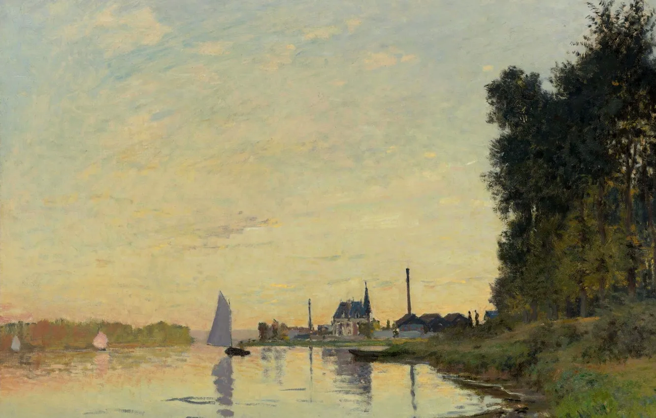 Фото обои пейзаж, река, лодка, картина, парус, Клод Моне, Аржантёй. Поздний Вечер