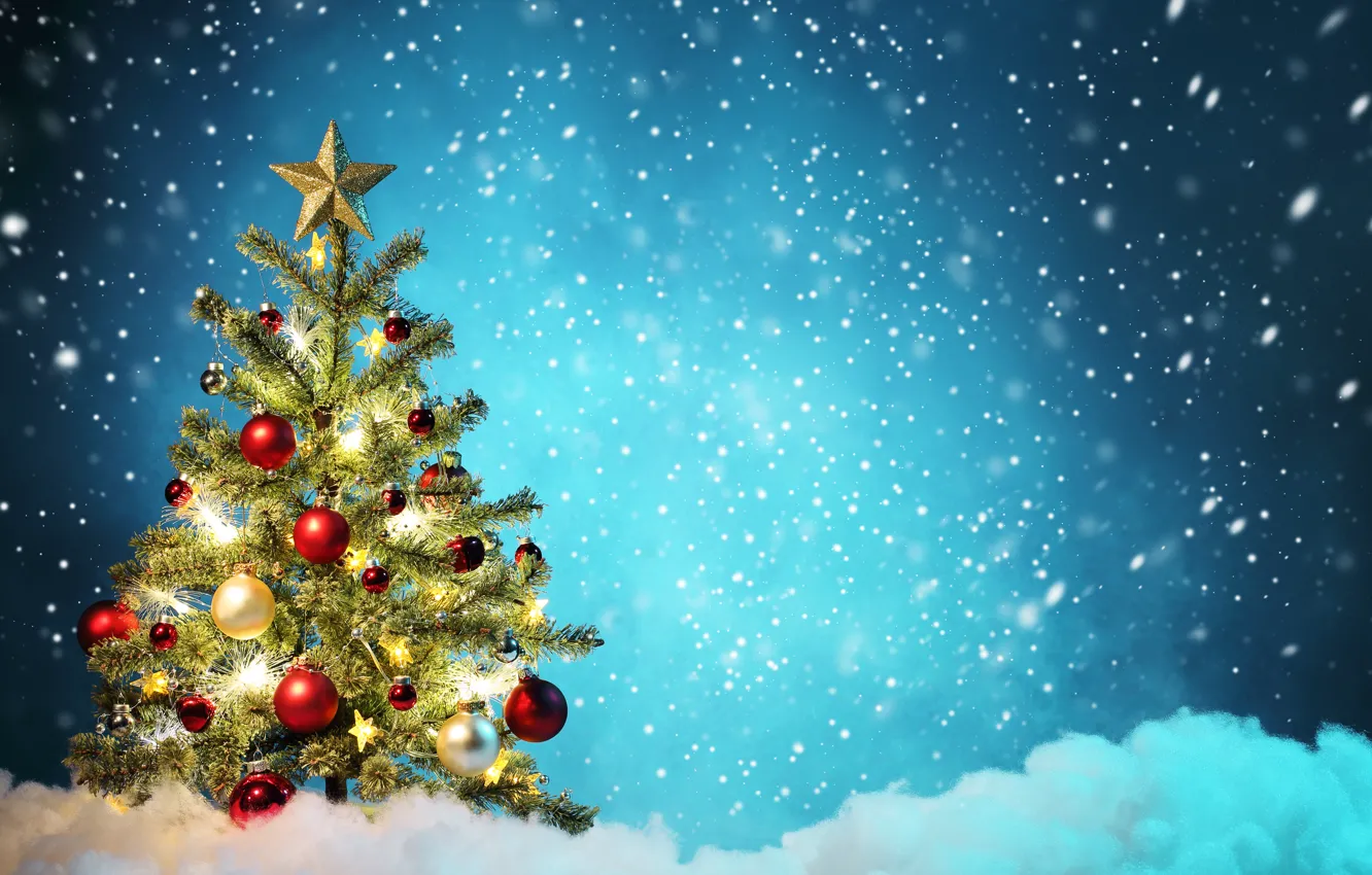 Фото обои звезды, снег, украшения, елка, Новый год, new year, snow, stars
