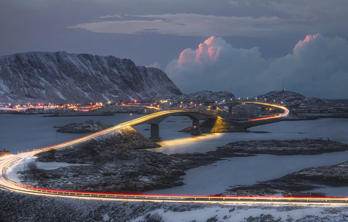 Фото обои зима, дорога, море, снег, горы, город, огни, пейзажи