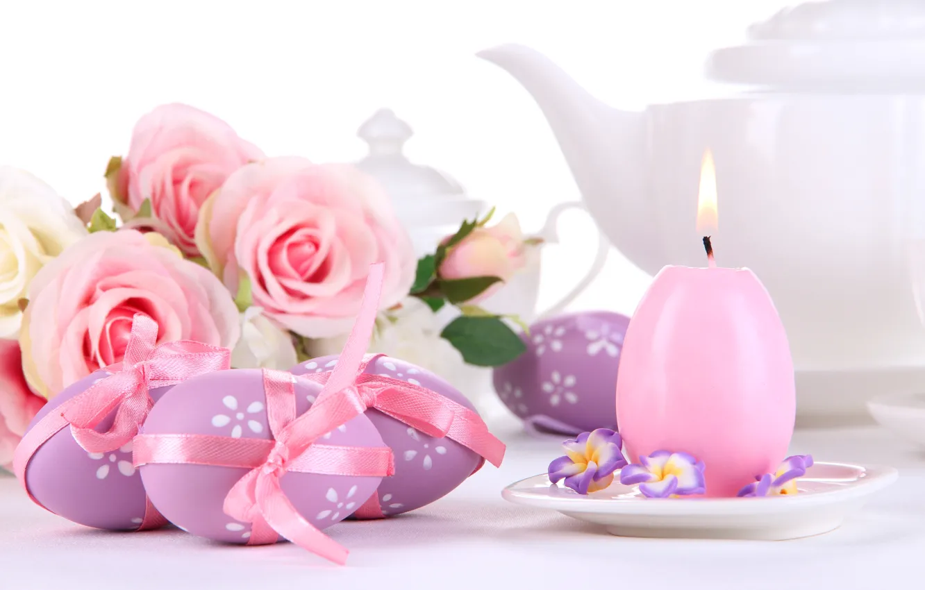 Фото обои цветы, праздник, розы, свеча, яйца, весна, Пасха, розовые