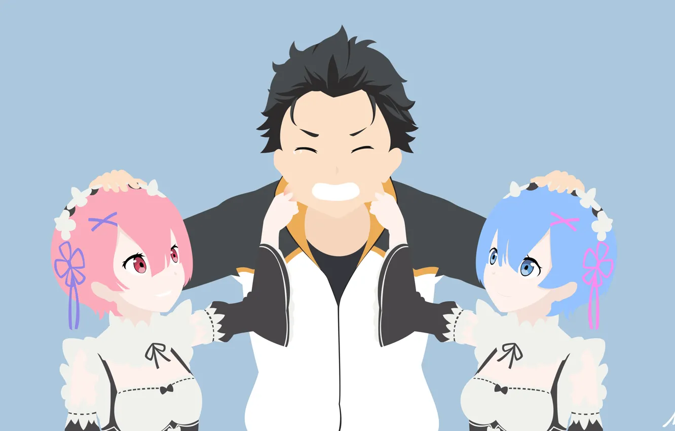 Фото обои девушки, парень, Субару, С нуля, Рем, Рам, Re: Zero Kara Hajimeru Isekai Seikatsu