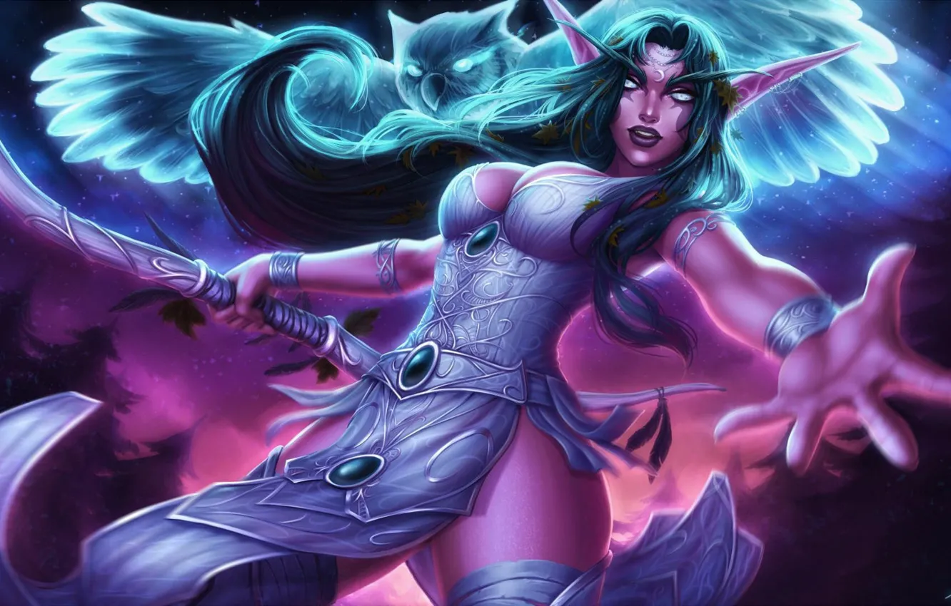 Фото обои Ночь, Рисунок, Сова, Эльфийка, Blizzard, Эльф, Арт, Питомец