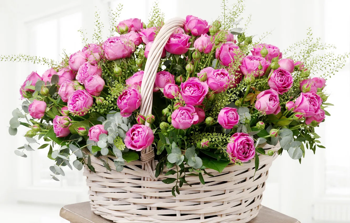 Фото обои листья, корзина, розы, colorful, нежные, розовые, бутоны, beautiful