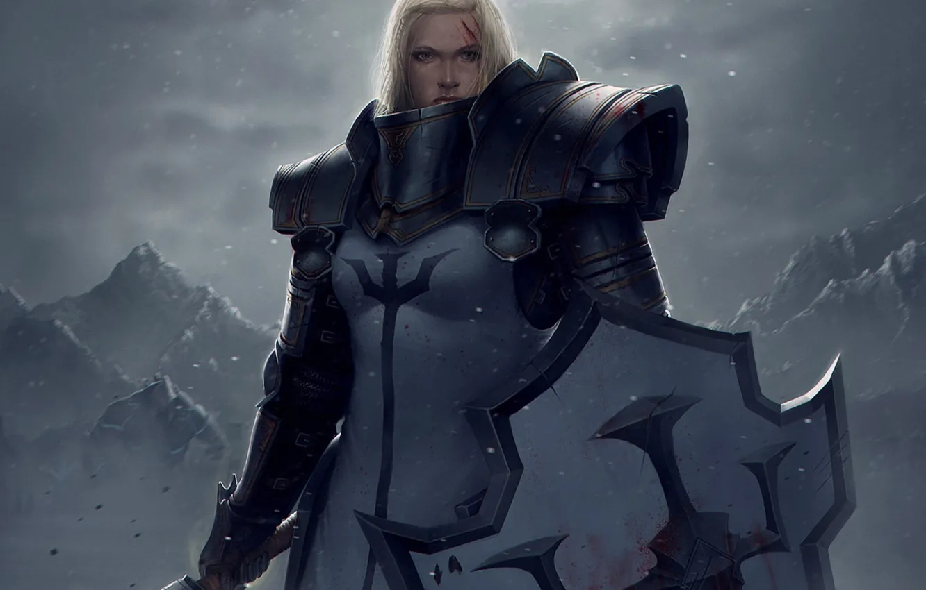 Фото обои девушка, снег, горы, оружие, кровь, арт, щит, Diablo III