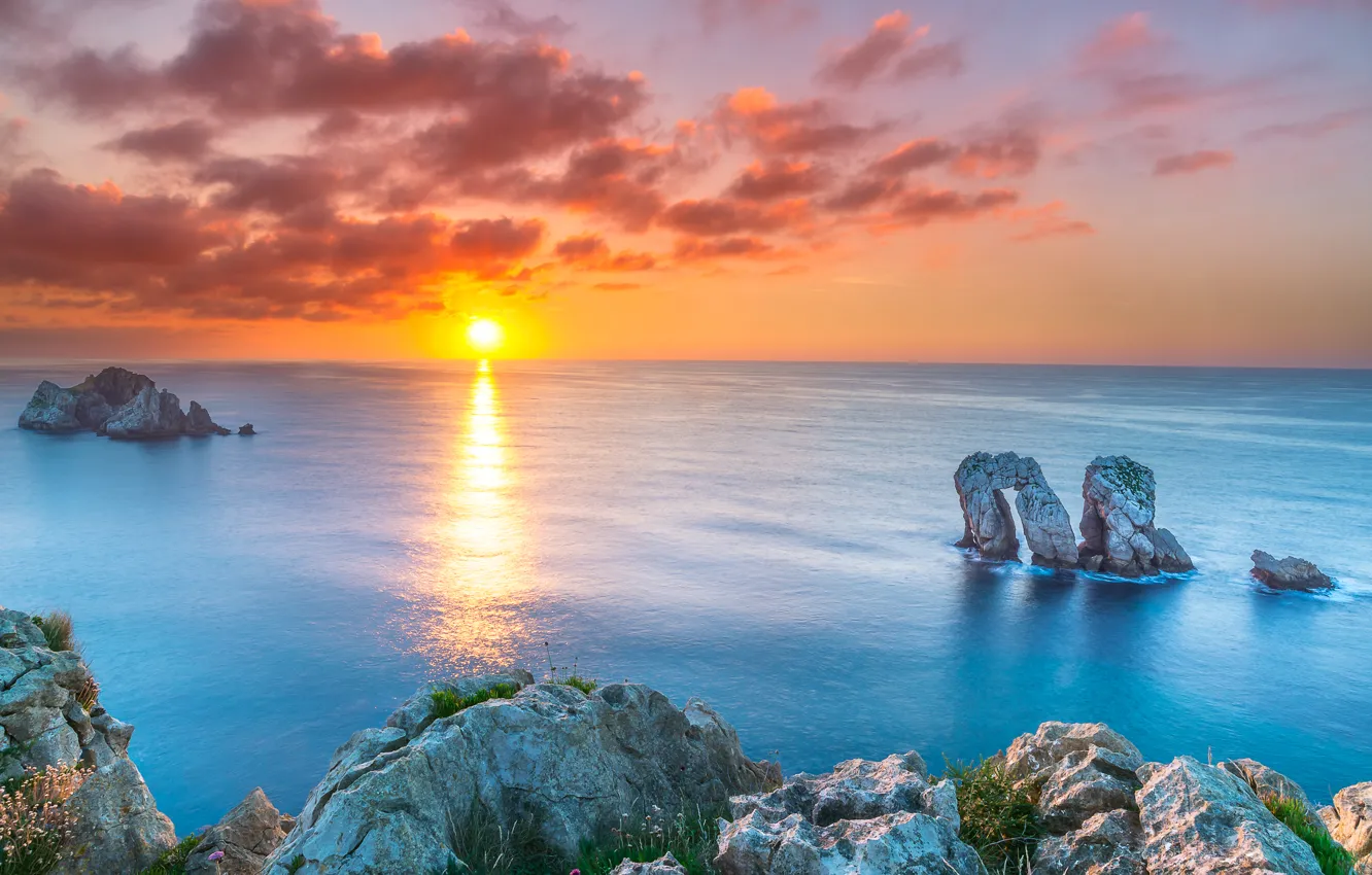 Фото обои море, закат, скалы, залив, Испания, Spain, Бискайский залив, Cantabria