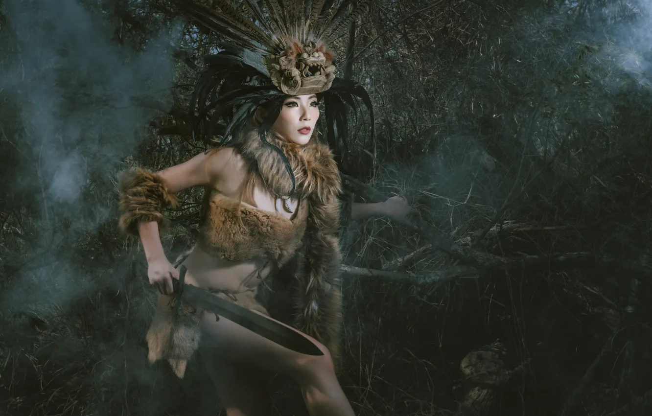 Фото обои лес, девушка, лицо, волосы, меч, перья, костюм