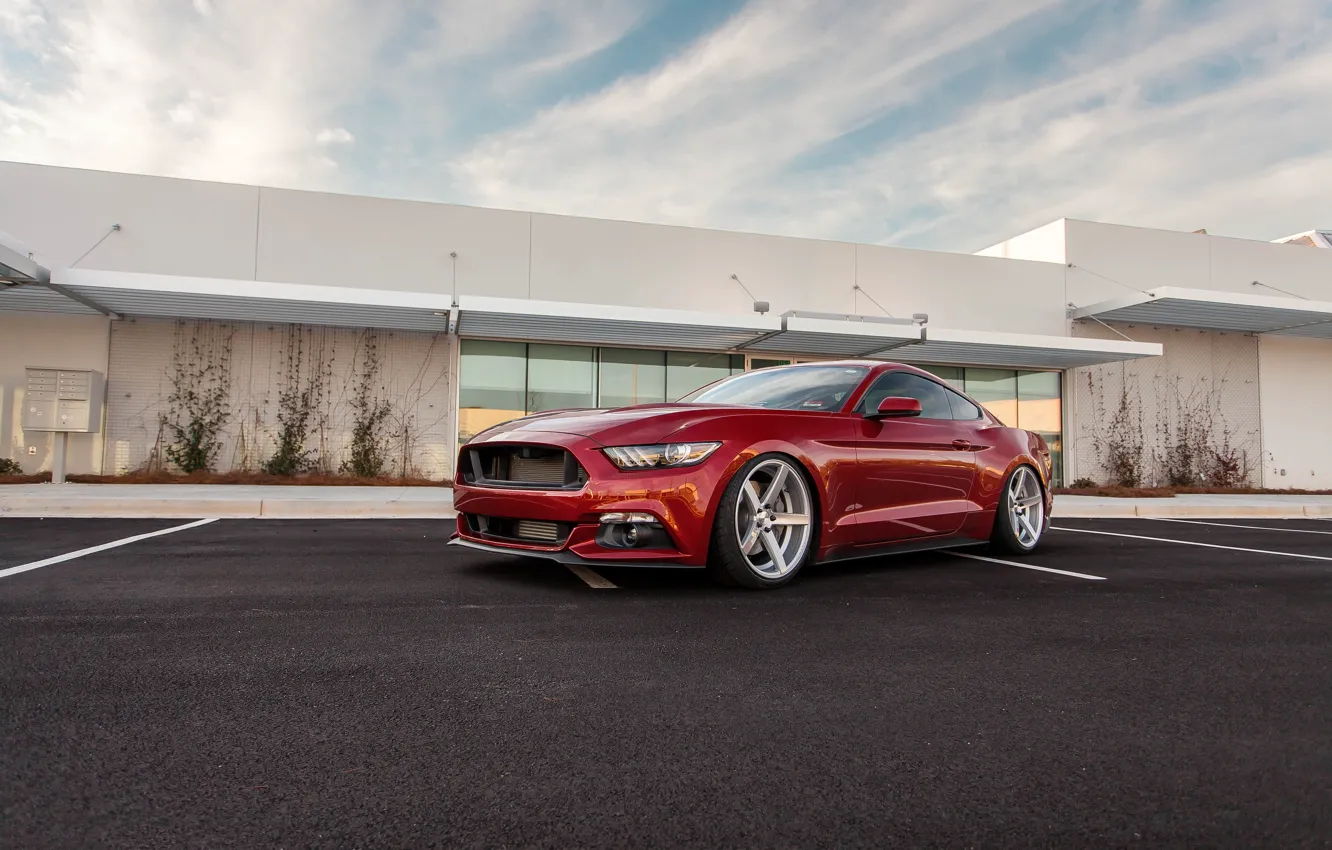 Фото обои Mustang, Ford, Red, Parking, 2015