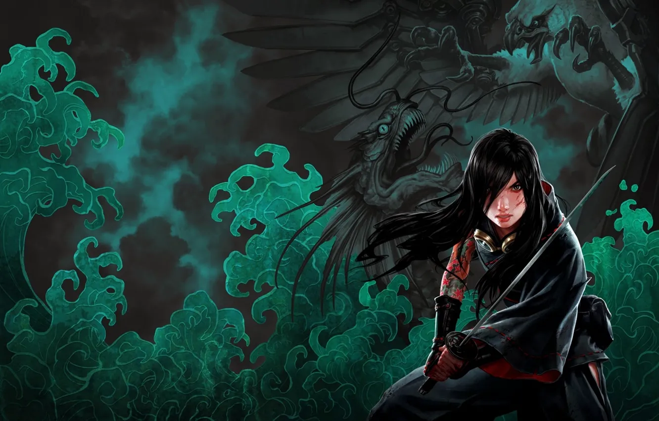 Фото обои взгляд, девушка, туман, орел, кровь, дракон, рисунок, меч