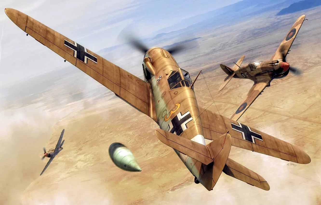 Фото обои Messerschmitt, art, Curtiss, RAF, Luftwaffe, Fighter, Dogfight, WWII